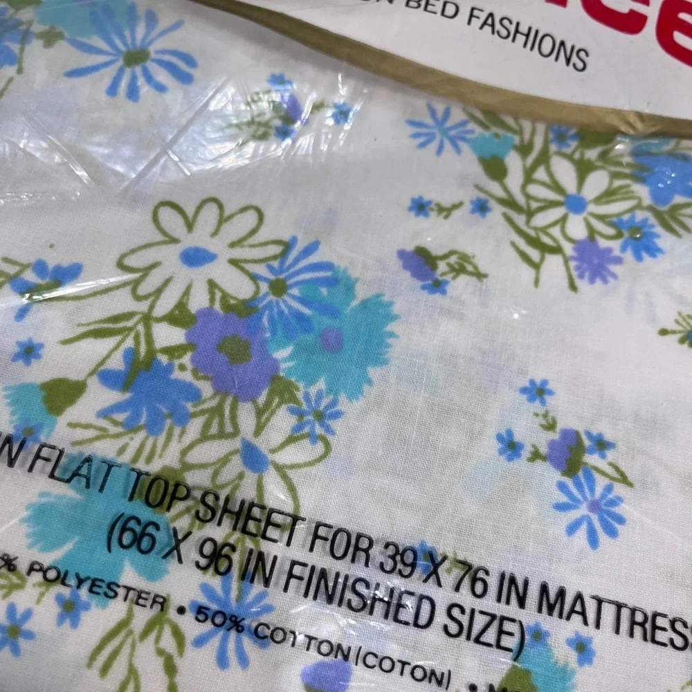 Vtg Cannon Monticello Twin Flat Sheet Blue Floral Field Flowers Made USA NEW
